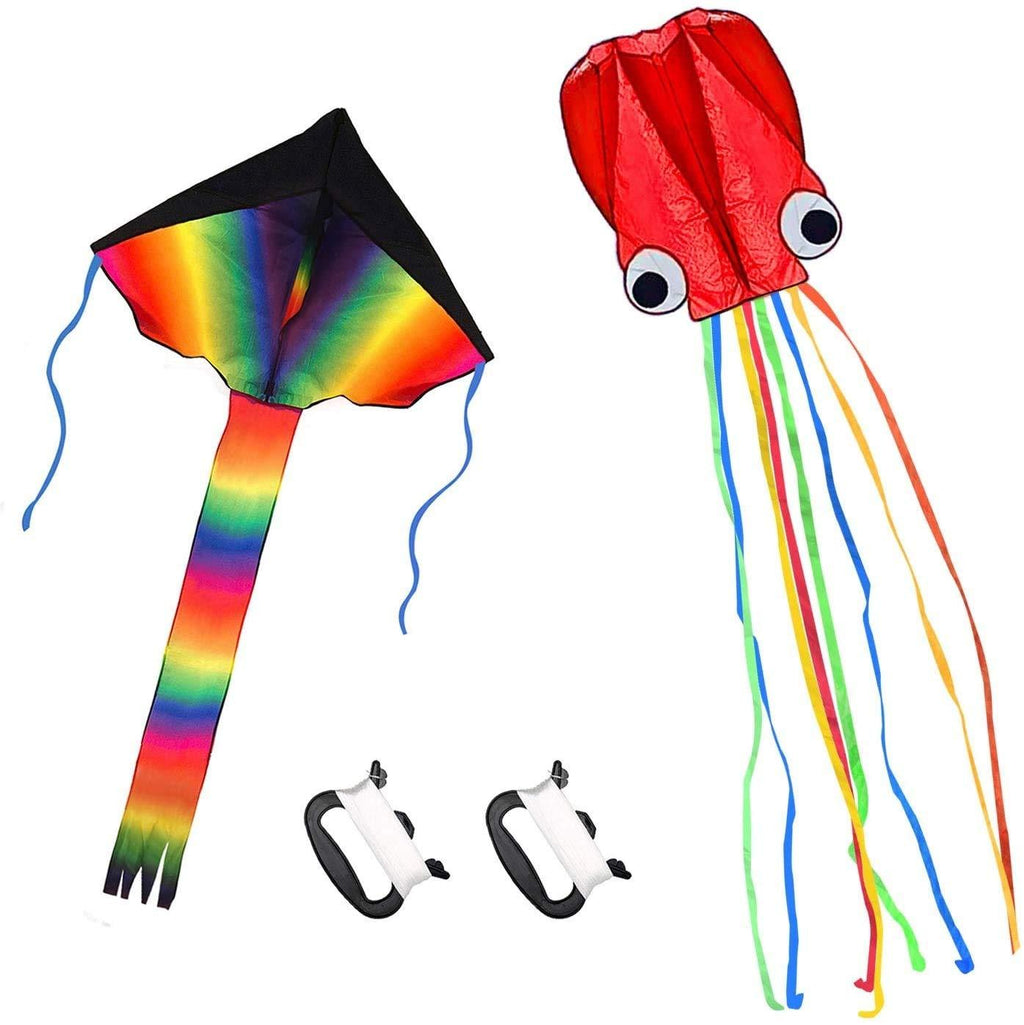 [AUSTRALIA] - Listenman 2 Pack Kites - Large Rainbow Delta Kite and Red Mollusc Octopus with Long Colorful Tail for Children Outdoor Game,Activities,Beach Trip Great Gift to Kids Childhood Precious Memories 