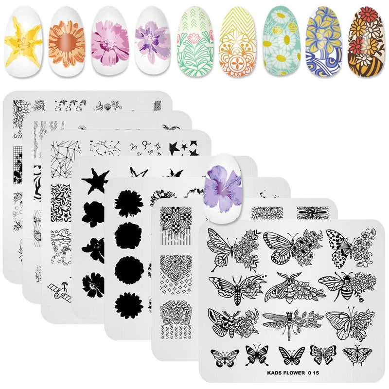 KADS 7 Pcs Nail Art Stamping Plates Flower Butterfly Ocean Star Print Manicure Templates 7 Plates - BeesActive Australia