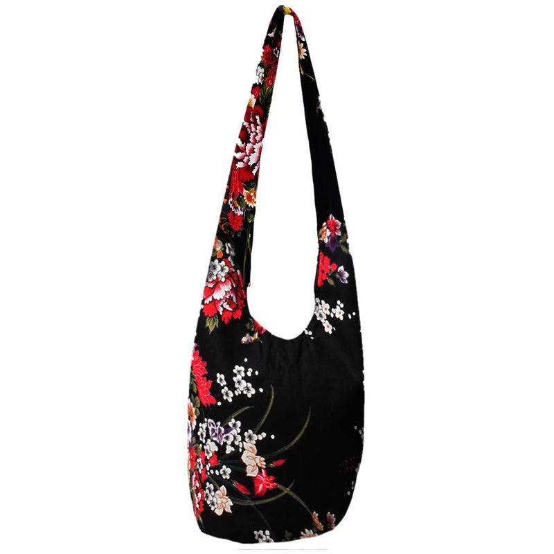 WITERY Women's Sling Crossbody Bags Large Shoulder Shopping Hobo Bag Handbag Top Zip Bags Handmade Messenger Bag Wallet Black Flower - BeesActive Australia