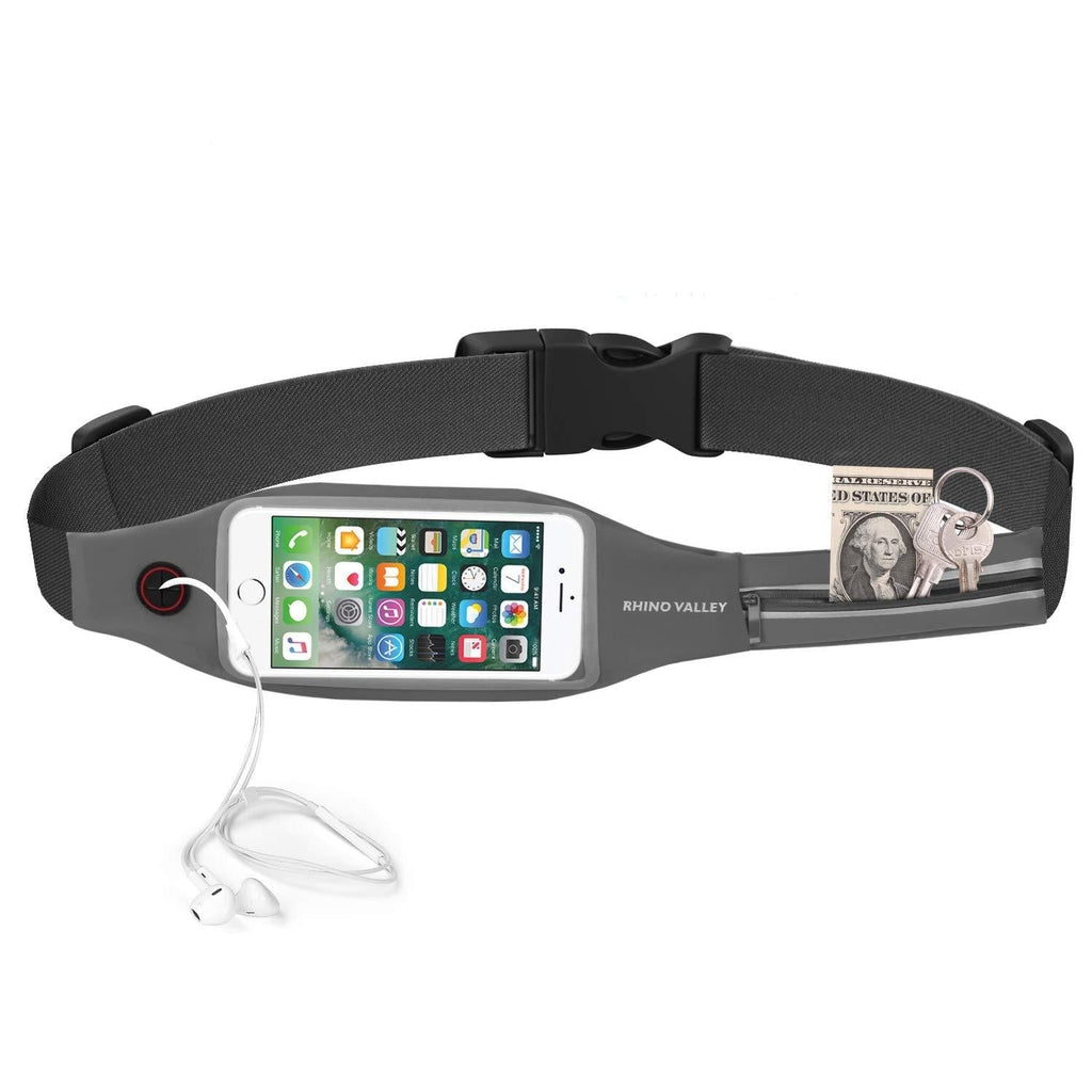[AUSTRALIA] - Rhino Valley Running Belt Waist Pack, Sports Fanny Pack Fitness Workout Belt, Water Resistant Dual Pockets with Clear Touch Screen Compatible with iPhone 11/11 Pro Max/X/8, Galaxy Note 10/S20 Grey 