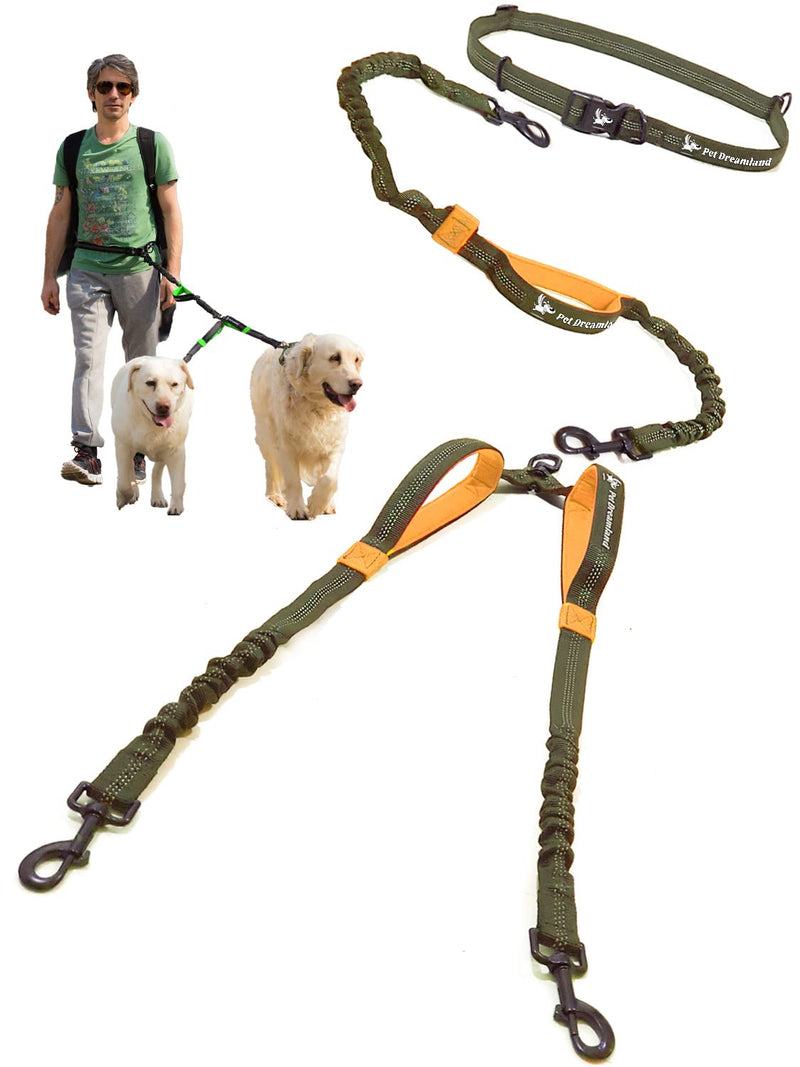 Double Dog Leash Hands-Free | Waist Dual Dog Leash for Tandem Walking & Training | 360°Swivel 2 Dog Coupler | Comfortable Shock Absorbing Reflective Bungee | No Pull Two Dog Leash Khaki & Orange Two Large Dogs (35-150 lbs each) - BeesActive Australia