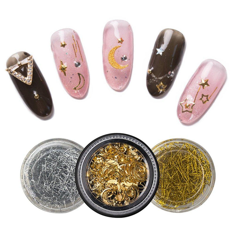 Frenshion 1 Set 3D Hollow Moon Stars Alloy Glitter Rivet Nail Stickers and Gold Silver DIY Nail Art Decoration Line Nail Art Decoration Strip Line Set Kit Perfect for Manicure Pedicure - BeesActive Australia