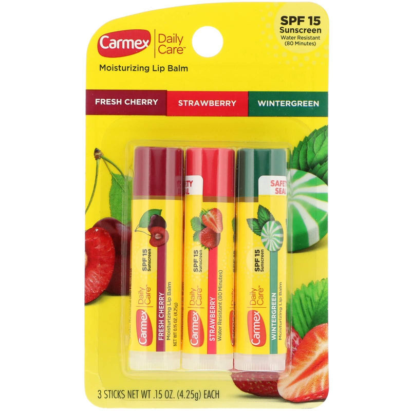 Carmex Daily Care Assorted Flavor (Favs) Cherry Strawberry Wintergreen with SPF15 Blister Pack Stick 3-Pack - BeesActive Australia