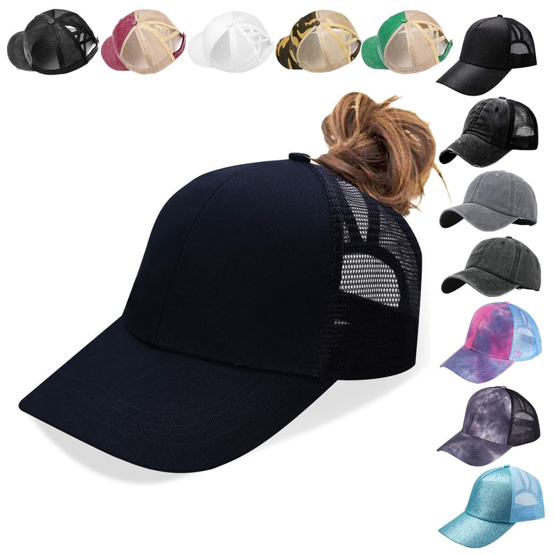 Criss Cross Hat Washed Distressed Baseball Cap Ponytail Hat High Messy Bun Ponycap for Women Classic-blackmesh - BeesActive Australia