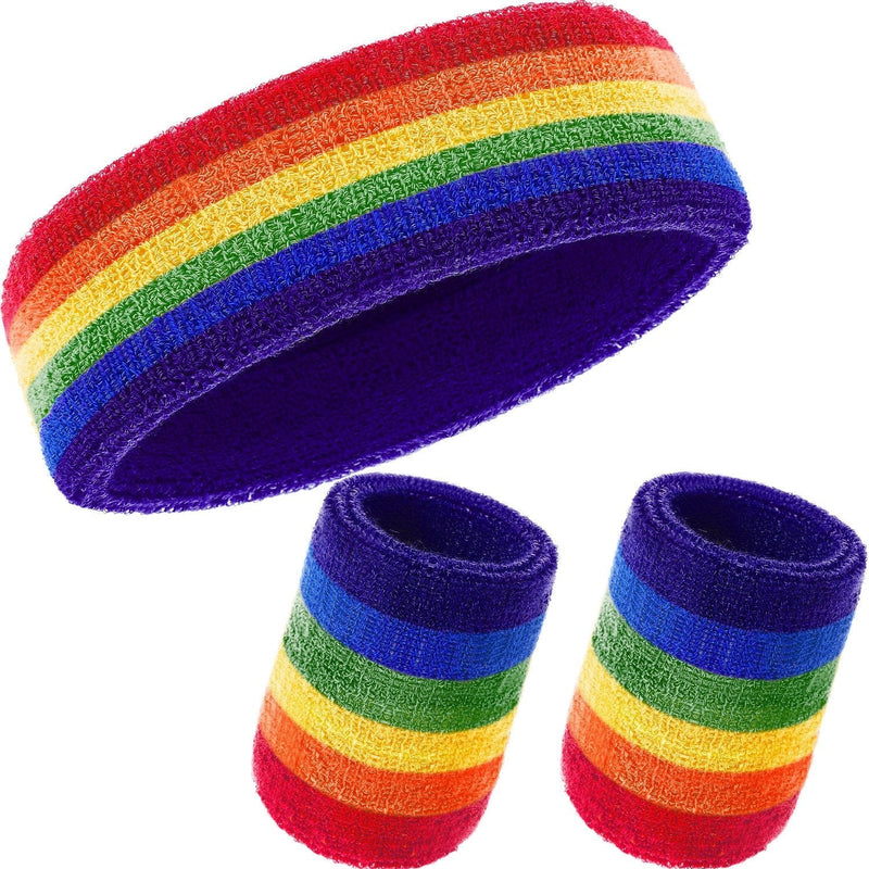 WILLBOND 3 Pieces Sweatbands Set, Includes Sports Headband and Wrist Sweatbands Striped Sweat Band for Athletic Men and Women (Rainbow) - BeesActive Australia