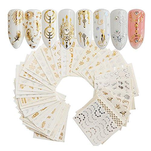 30Sheets Gold Silver Nail Art Water Transfer Decals Metallic Nail Stickers Butterfly Lace Flower Dream Catcher Feather Nail Decorations - BeesActive Australia