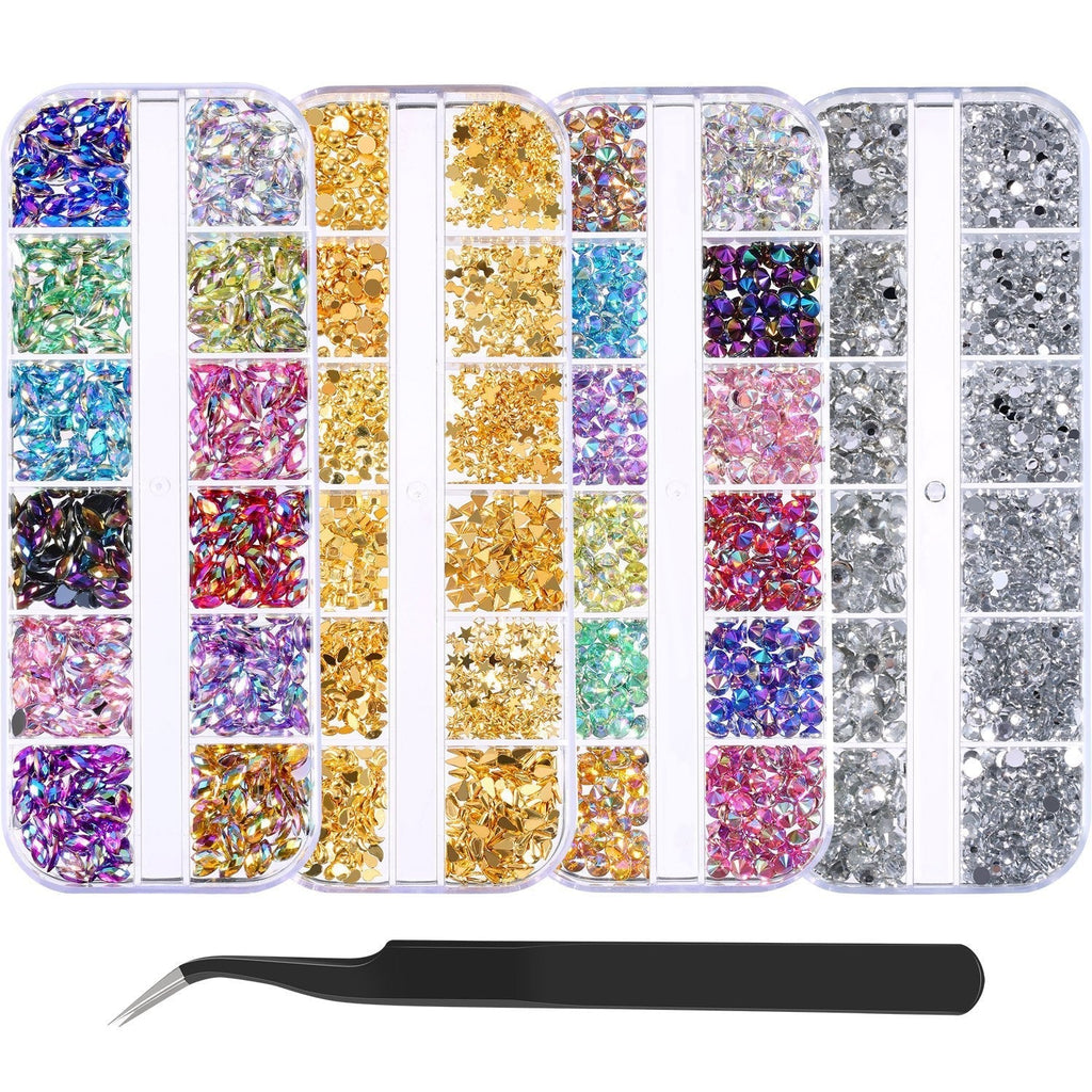 Bememo 5900 Pieces (4 Boxes) Nail Art Rhinestones Kit Nail Rhinestones with 1 Piece 1 Pick up Tweezers, Multicolor Nail Studs Horse Eye Rhinestones for Nail Art Decorations Supplies - BeesActive Australia