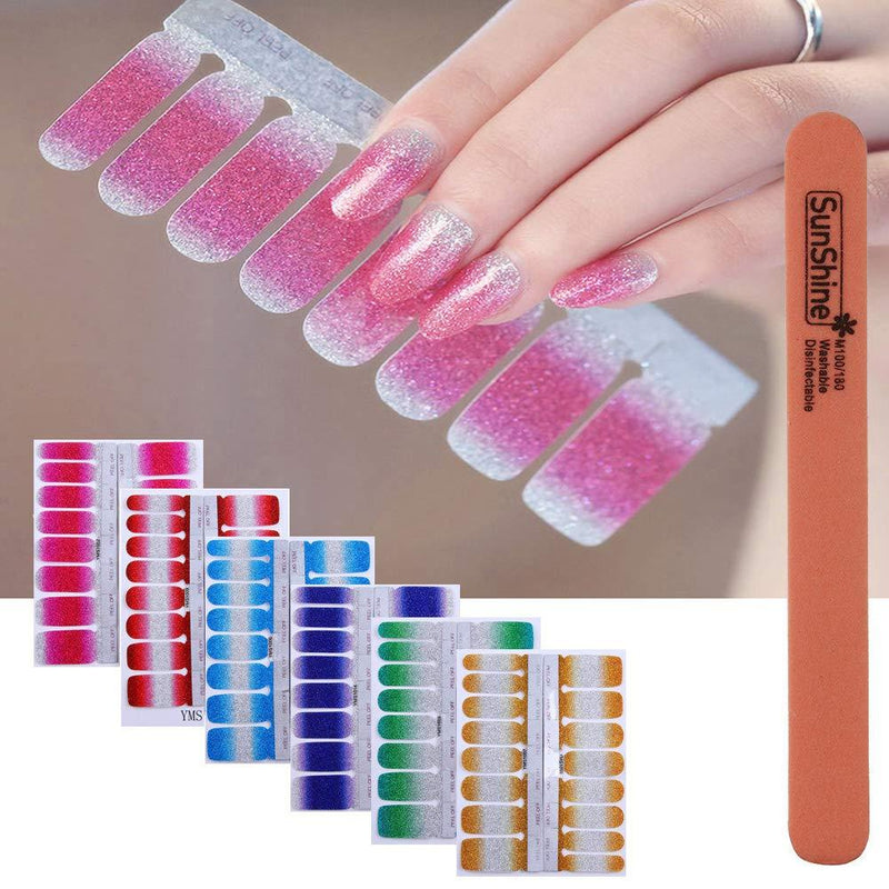 WOKOTO 6Pcs Nail Polish Stickers With 1Pc Nail File Kit Full Nail Tips Nail Self Adhesive Stickers Nail Designs Set - BeesActive Australia