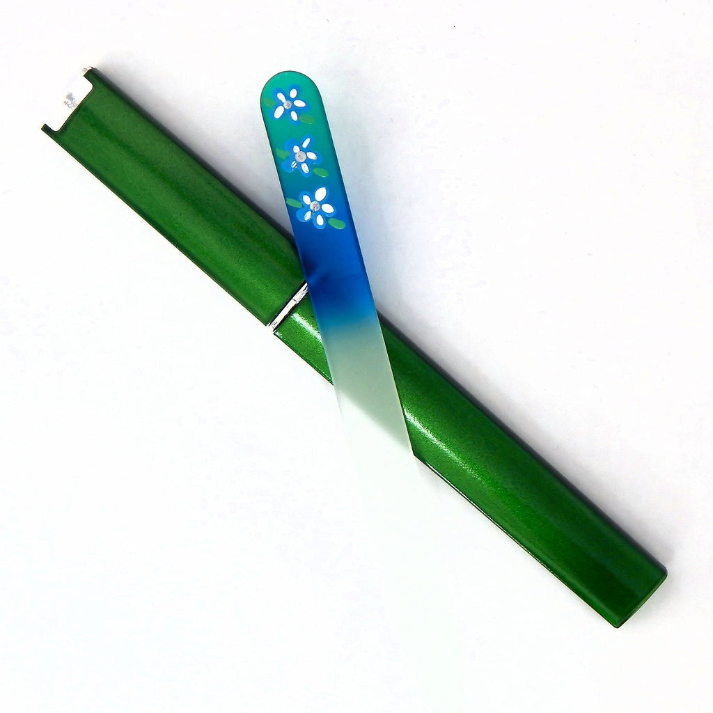 Moon Flower Green/Blue Premium Hand Painted Genuine Czech Republic Crystal Nail File with Matching Acrylic Case - Medium - BeesActive Australia