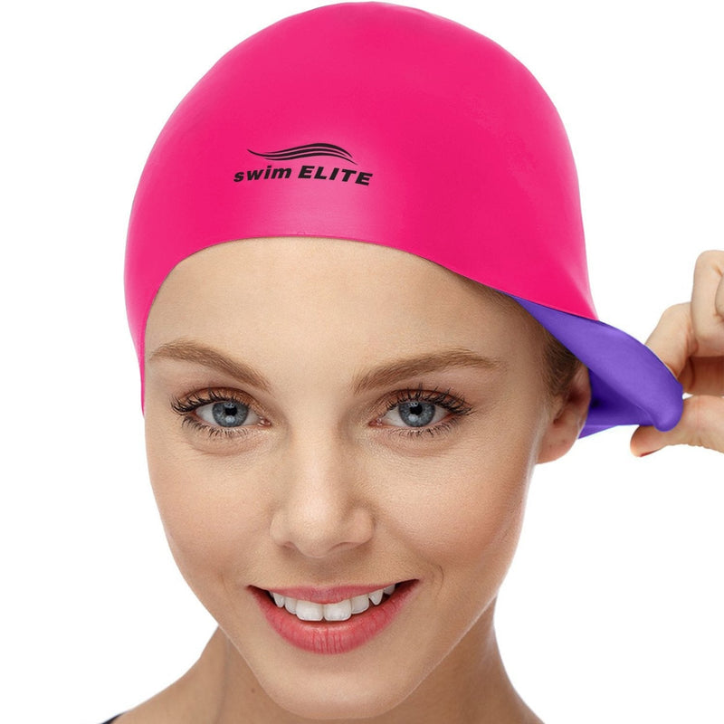 Reversible Silicone Swim Cap, Waterproof 2-in-1 Swimming Caps for Men and Women with Carry Bag, Flexible Adult Swimmers Cap for Short and Medium Length Hair Pink/Purple - BeesActive Australia