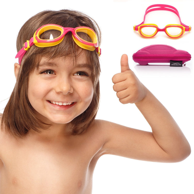 [AUSTRALIA] - SWIM ELITE Kids Goggles for Swimming with Fun Car Hard Case for Kids & Toddlers Age 2-8 Years Old Pink 