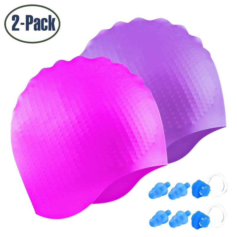 [AUSTRALIA] - Swim Cap for Men Women, 2 Pack Silicone Solid Unisex Swimming Cap for Short Hair & Long Hair, Comfortable Swimming Hat for Adult Men Women Youth Junior Kids with Nose Clips & Ear Plugs 1.Purple/Pink 