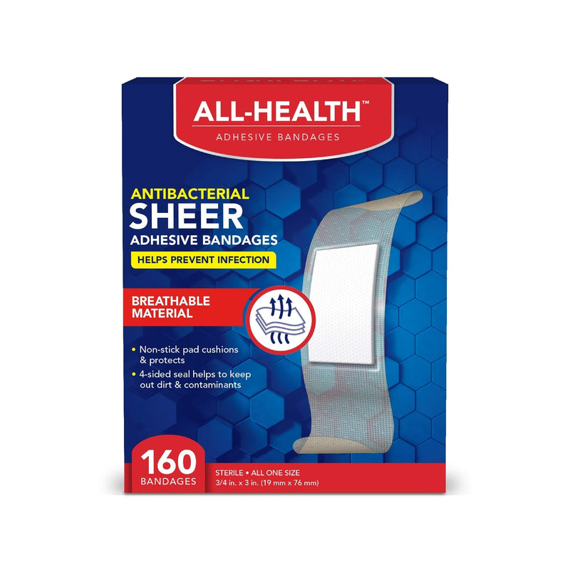 All Health Antibacterial Sheer Adhesive Bandages, 3/4 in x 3 in, 160 ct | Helps Prevent Infection, Extra Large Comfortable Protection for First Aid and Wound Care - BeesActive Australia