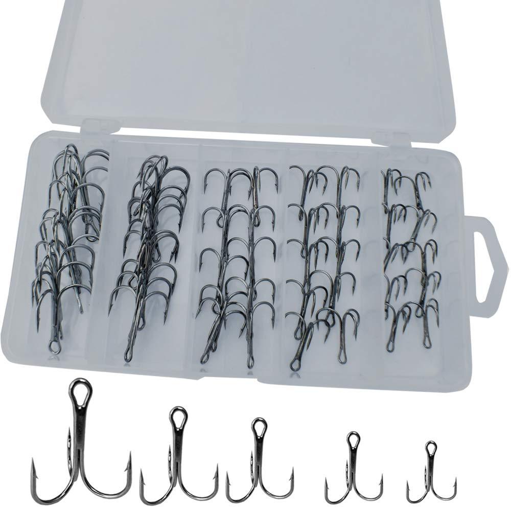 Drasry Fishing Treble Hooks Set for Saltwater Freshwater Size 1/0 to 16 High Carbon Steel Different Fish Hook 50pcs/box