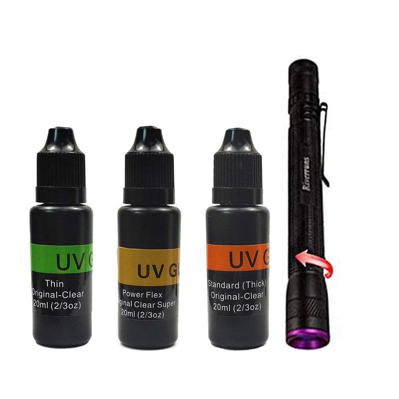 Riverruns UV Clear Glue Thick Thin Flew+UV Power 395nm Zoomable Pen Light for UV Glue Curing,Heads Bodies and Wings, Medical, Doctor Nurse Diagnostic, Small Mini Stylus, IPX5 Water-Resistant Combo A:UV glue combo - BeesActive Australia