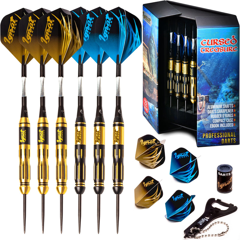 IgnatGames Darts Metal Tip Set - Professional Darts with Stylish Case and Darts Guide, Steel Tip Darts Set with Aluminum Shafts + Rubber O'Rings + Extra Flights + Dart Sharpener and Wrench Cobalt - Cursed Treasure - BeesActive Australia