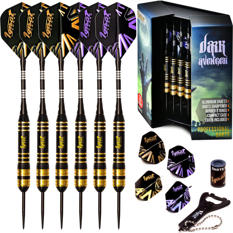 IgnatGames Darts Metal Tip Set - Professional Darts with Stylish Case and Darts Guide, Steel Tip Darts Set with Aluminum Shafts + Rubber O'Rings + Extra Flights + Dart Sharpener and Wrench Lilac - Dark Avenger - BeesActive Australia