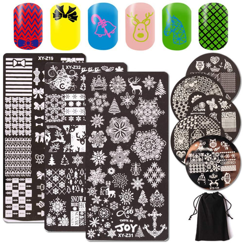 WOKOTO 8 Pcs Nail Art Stamp Plates Kit With 3 Rectangle 5 Round Plates Rose Love Holiday Manicure Templates Set - BeesActive Australia