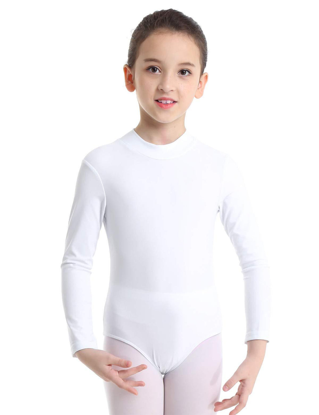 [AUSTRALIA] - YiZYiF Girls' Kids' Long Sleeve Turtle Neck Bodysuit Ballet Dance Leotard with Keyhole Back White 7 / 8 