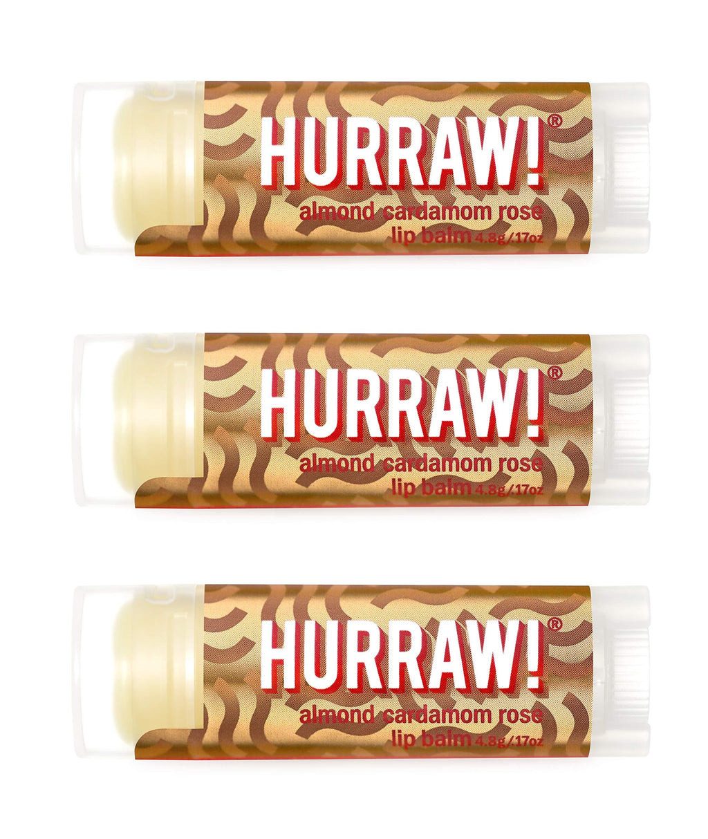 Hurraw! Vata (Almond, Cardamom, Rose) Lip Balm, 3 Pack: Organic, Certified Vegan, Cruelty and Gluten Free. Non-GMO, 100% Natural Ingredients. Bee, Shea, Soy and Palm Free. Made in USA - BeesActive Australia