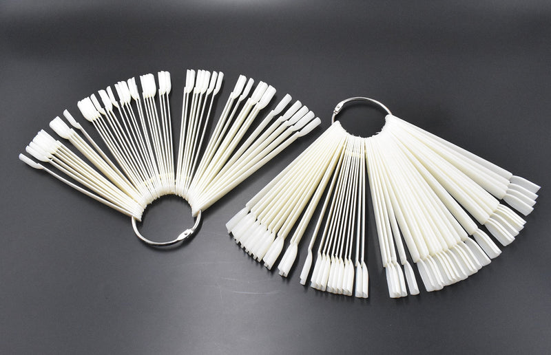 2 Sets 100 Tips Fan Shape White Plastic Nail Art Tips Display Polish Board Display Practice Sticks with Metal Split Ring Holder - BeesActive Australia