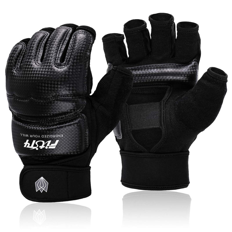 [AUSTRALIA] - FitsT4 Half Mitts UFC MMA Training Boxing Punch Bag Kickboxing Sparring Grappling Martial Arts Muay Thai Taekwondo Wrist Wraps Support Gloves for Women Men Kids black Large 