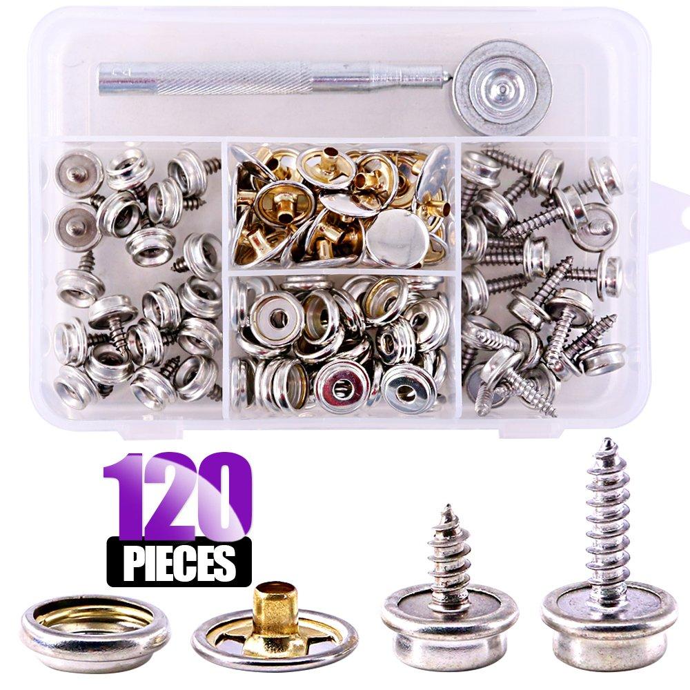 [AUSTRALIA] - Swpeet 120Pcs Sliver Fastener Screw Snaps With 1Pcs Snap Setting Tool Kit, Stud Snap with 3/8 Inch and 5/8 Inch Stainless Steel Screw, Snap Button Screw-In Studs Pack For Furniture Canvas Fabric Boats 