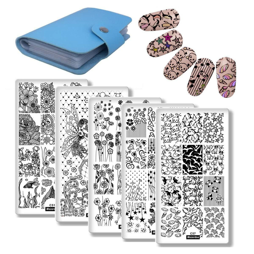 Nail Stamping Plates Set DIY Manicure Plate Flower Geometry Series 5Pcs Nail Art Plates+1Pcs 20 Slots Large Rectangular Nail Art Stamping Template Holder Bag As shown in Image - BeesActive Australia