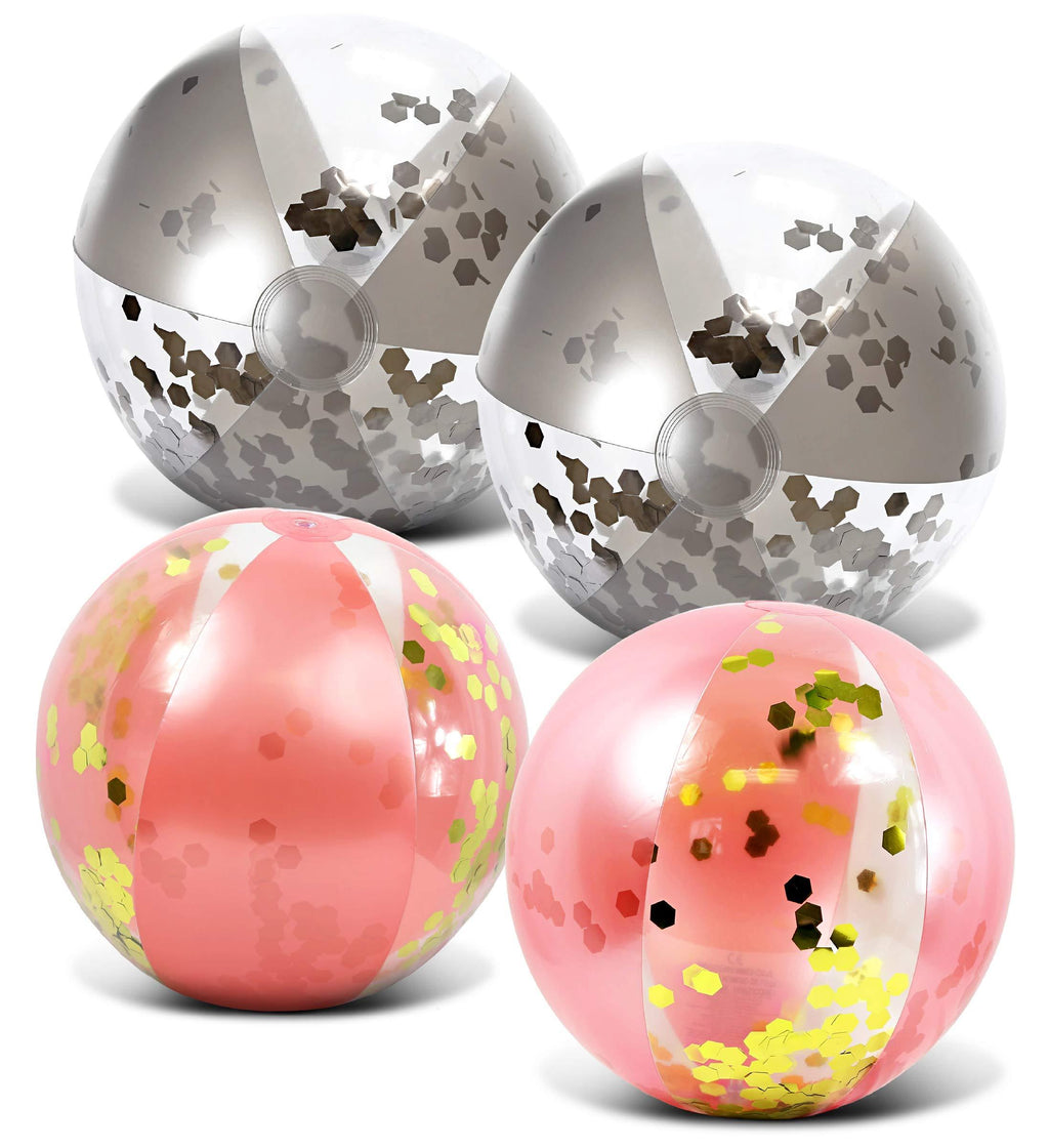 [AUSTRALIA] - Mozlly Bundle of Silver & Rose Gold Inflatable Beach Balls Set of 4 - Premium Heavy Duty Confetti Pool Balls, Size 16 Inch, Fun Water Pool Float Toys for Beach, Lake, Party, Vacation, Decor - 4 Pack 
