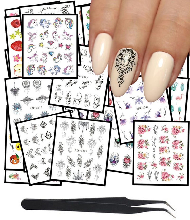 WOKOTO 48Pcs Nail Water Decals Feather Flower Lace Butterfly Cartoon Water Transfer Stickers For Nails Art Design With Nail Tweezers kit 2 - BeesActive Australia