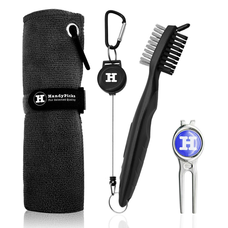 Handy Picks Microfiber Golf Towel (16" X 16") with Carabiner, Club Brush, Golf Divot Repair Tool with Ball Marker - Golf Accessories, Ideal for Golfers 3 in 1 Golf Cleaning Kit Pack of 3 Black - BeesActive Australia