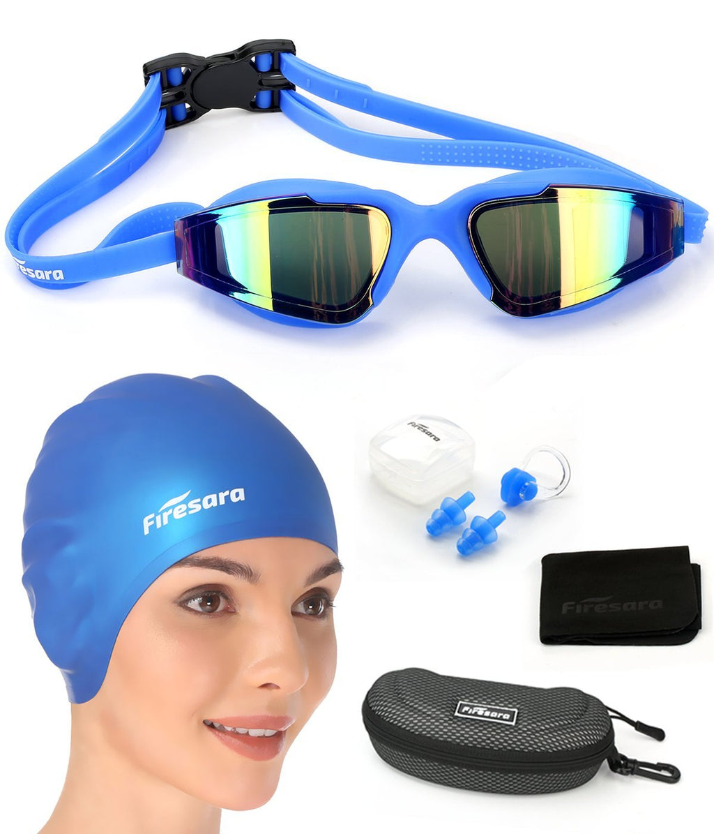 Firesara Swim Cap Swim Goggles, 3D Ergonomic Silicone Swimming Caps for Women Men Blue - BeesActive Australia