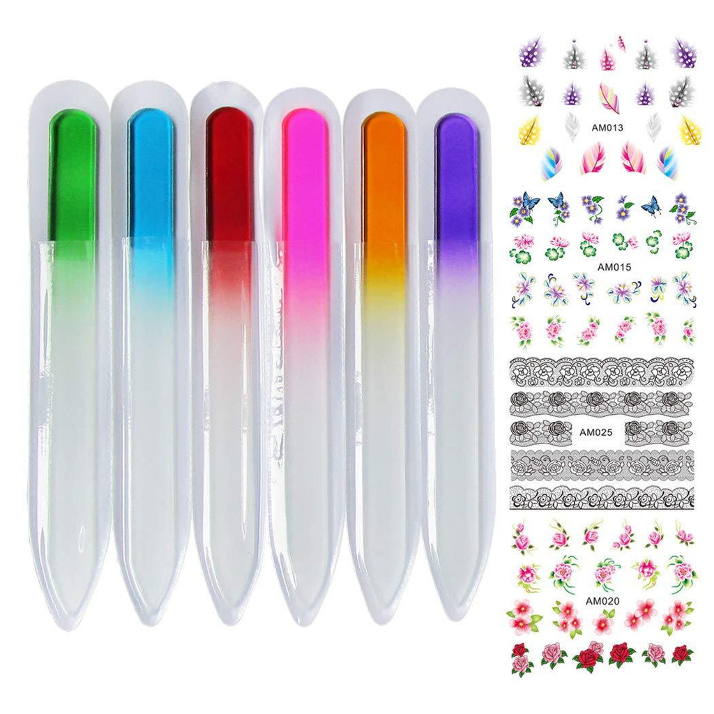 6 Pcs Random Colors Glass Nail Files Nail Art Design Nail Sanding Shaper Manicure Kit Crystal Filing Tool Set 4 Sheets Nail Art Stickers (LIFE013i) LIFE013i - BeesActive Australia