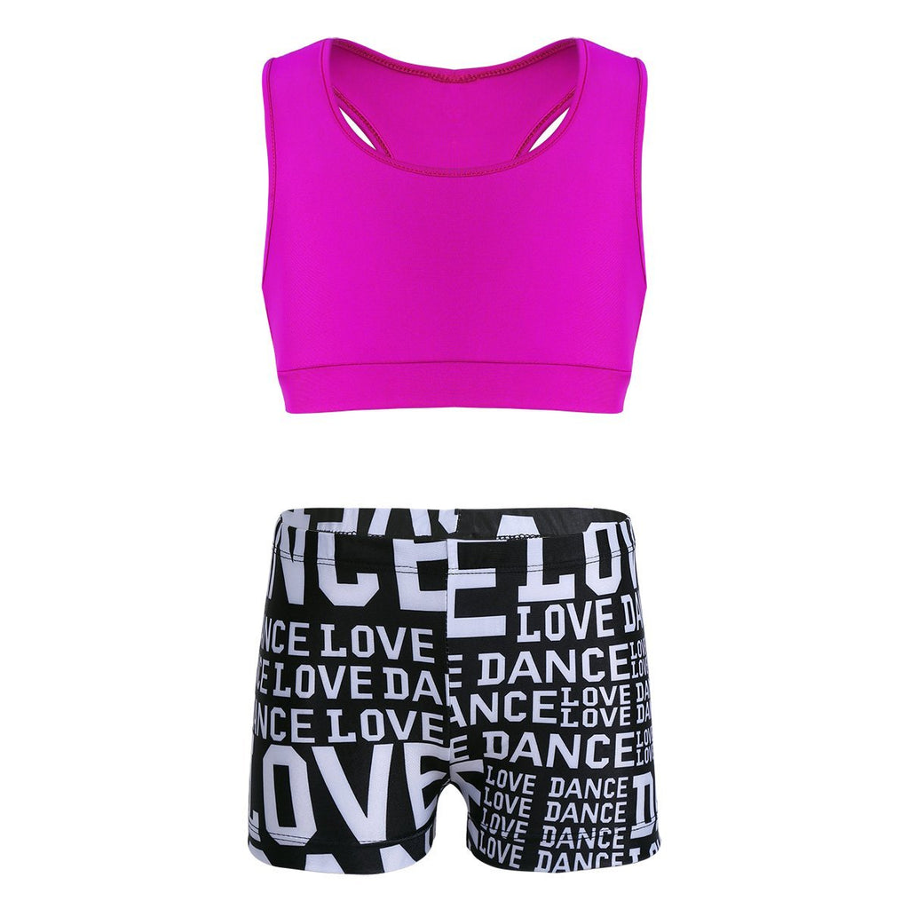 [AUSTRALIA] - MSemis Girls' Kids 2-Piece Sport Dance Outfit Crop Top with Booty Shorts Gymnastics Leotard Dancing Swimwear Rose & Black 7-8 