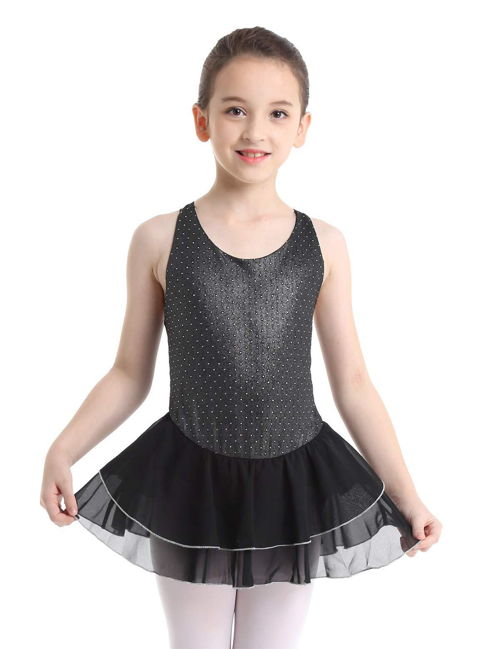 [AUSTRALIA] - iiniim Kids Girls Ruffled Rhinestone Ice Skating Dress Ballet Dance Outfit Cross Back Gymnastics Leotard Clothes 6 Black 