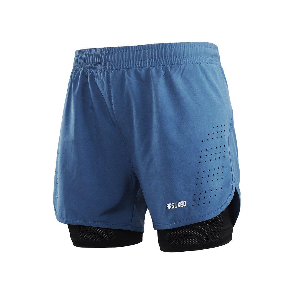 [AUSTRALIA] - ARSUXEO Men's Active Training Running Shorts 2 in 1 Blue Medium 