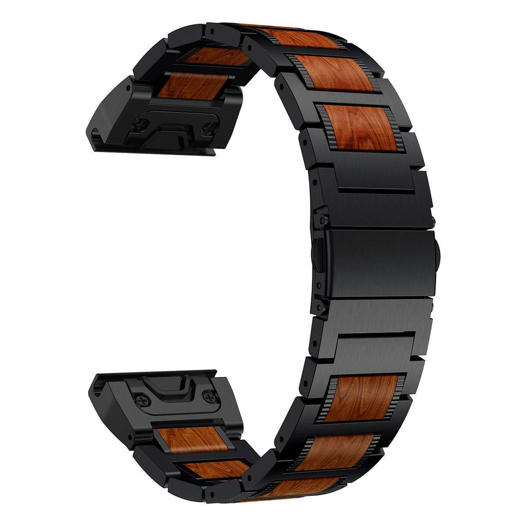 [AUSTRALIA] - LDFAS Fenix 6X/5X Plus Band, Natural Wood Red Sandalwood Stainless Steel Metal Watch Band, 26mm Quick Release Easy Fit Strap Compatible for Garmin Fenix 6X Pro/5X/5X Plus/3/3HR/Descent Mk1 Smartwatch Black/Red Wood 