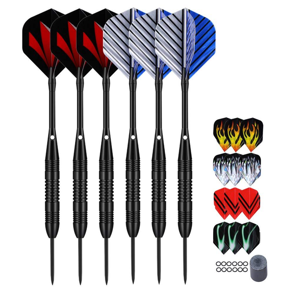 [AUSTRALIA] - LARRITS Professional 6 Pack 23 Grams Steel Tip Darts Set with Black Aluminum Shafts 9pc Standard Flights 9pc Laser Flights 12pc Rubber O-Rings Dart Sharpener and Storage Case 