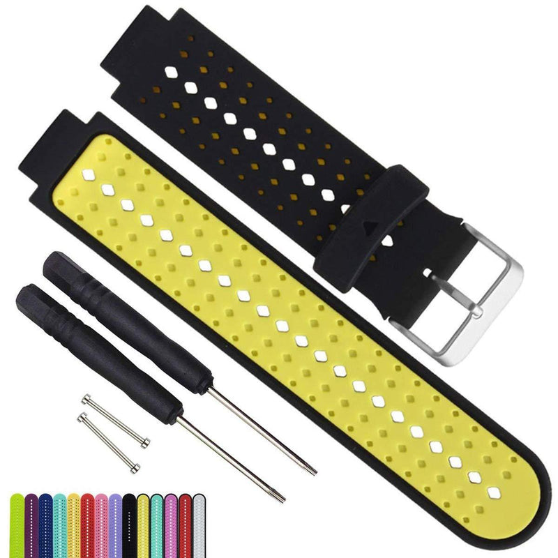 MyTime OliBoPo Silicone Waterproof Replacement Watch Bands and Straps with 2PCS Pin Removal Tools + 2PCS Lugs Adapters for Garmin Fouerunner 220 230 235 620 630 735 GPS Running Smart Wrist Watch Black/Yellow - BeesActive Australia