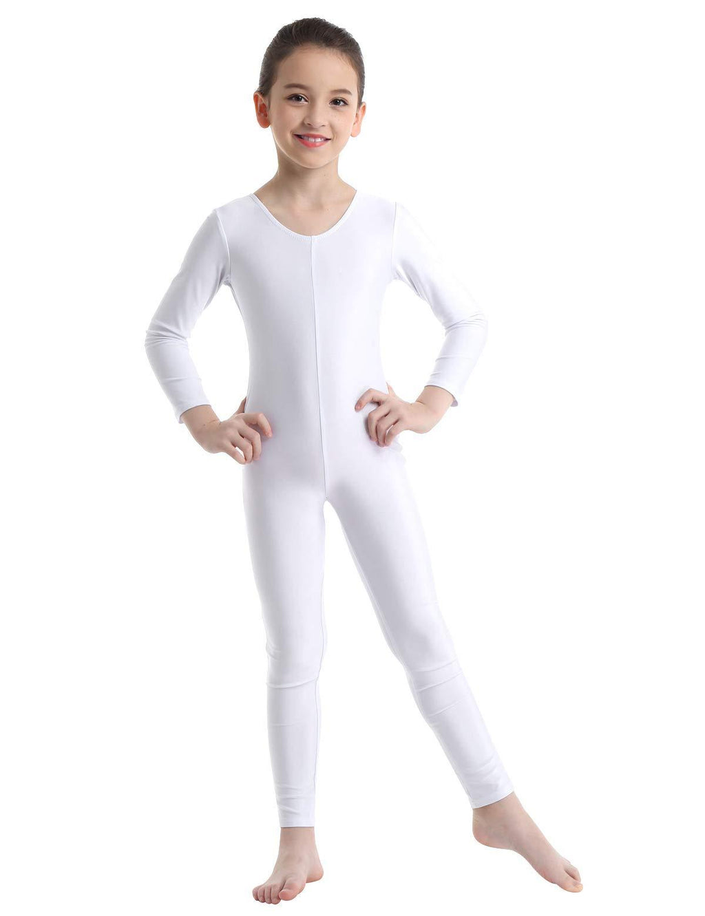 [AUSTRALIA] - dPois Kids Big Girls' Long Sleeves Full Length Gymnastics Dance Jumpsuit Unitard Leotard Bodysuit White 10-12 