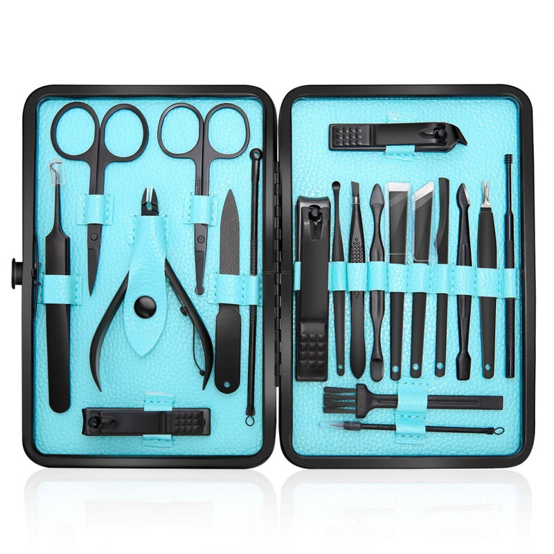 Manicure Set Professional Nail Clippers Kit Pedicure Care Tools-Stainless Steel Men Grooming Kit 20Pcs With Black PU Leather Case for Travel or Home (Black/Blue) - BeesActive Australia