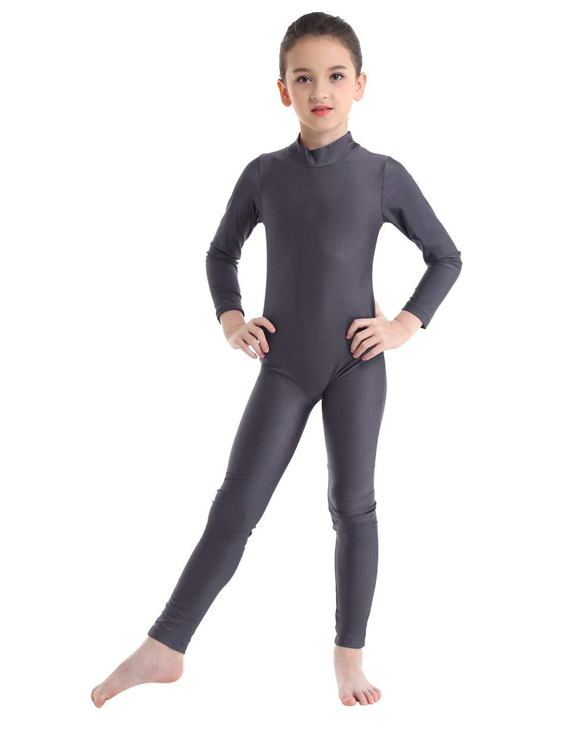 [AUSTRALIA] - dPois Kids Girls' Long Sleeves Full Length Gymnastics Workout Jumpsuit Leotard Catsuit with Back Zipper Dark Gray 5-6 