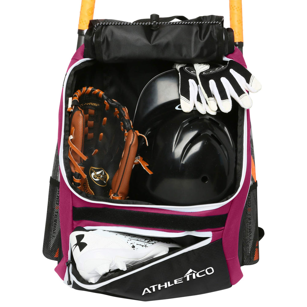Athletico Baseball Bat Bag - Backpack for Baseball, T-Ball & Softball Equipment & Gear for Youth and Adults | Holds Bat, Helmet, Glove, & Shoes |Shoe Compartment & Fence Hook Maroon - BeesActive Australia