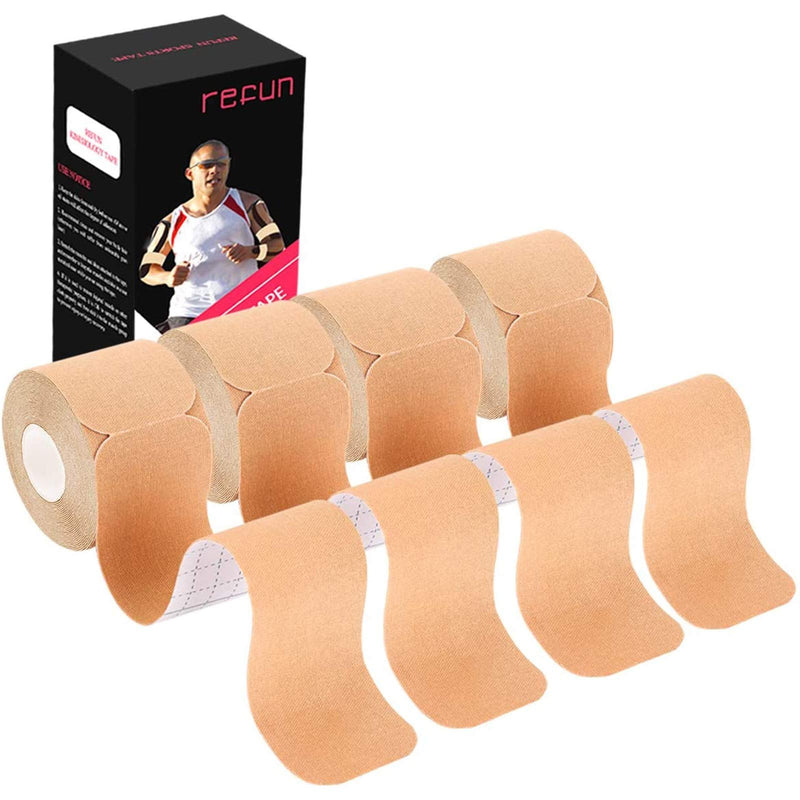 REFUN Kinesiology Tape Precut (4 Rolls Pack), Elastic Therapeutic Sports Tape for Knee Shoulder and Elbow, Pain Relief, Waterproof, Latex Free, 2" x 16.5 feet Per Roll, 20 Precut 10 Inch Strips Beige - BeesActive Australia
