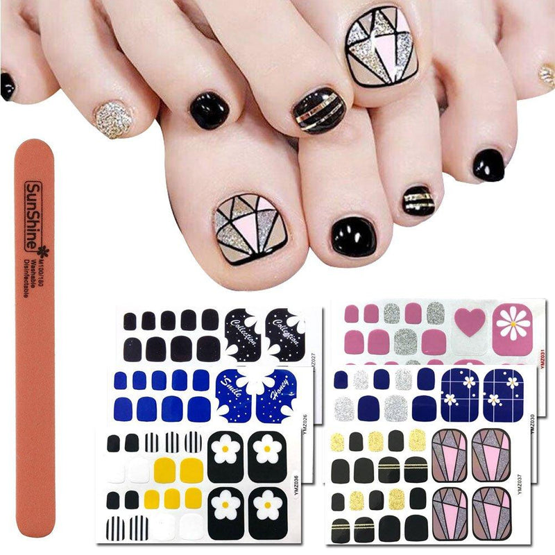 WOKOTO 6 Sheets Nail Adhesive Polish Stickers For Toes And 1Pc Nail Buffer Files Kit Flower Diamond Image Design Solid Color Toe Nail Polish Strips - BeesActive Australia