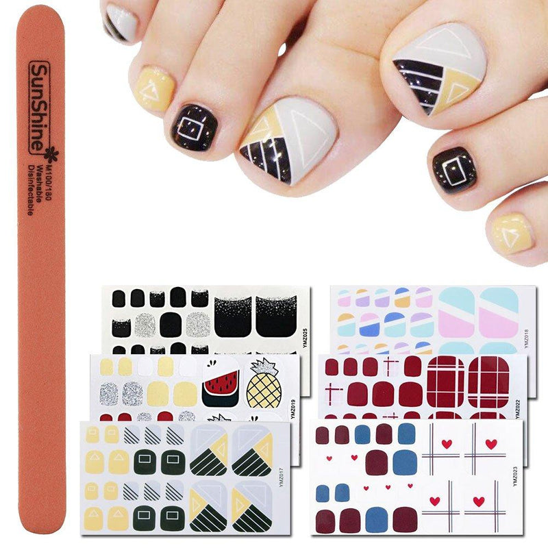 WOKOTO 6 Sheets Self-Adhesive Toe Nail Polish Decals Stickers And 1Pc Nail File Shinny Color Splicing Grid Pattern Toenail Wraps For Women - BeesActive Australia