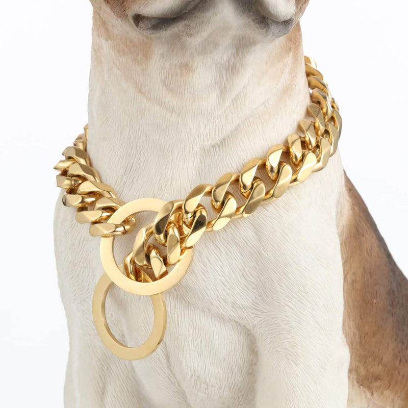 GZMZC Dog Chain Collar High 18K Gold Polished Stainless Steel Cuban Link Strong Heavy Duty Chew Proof Walking Training Chain Leash Collar for Small Medium Big Dogs 19mm width 20" recommend dog's neck:16" - BeesActive Australia