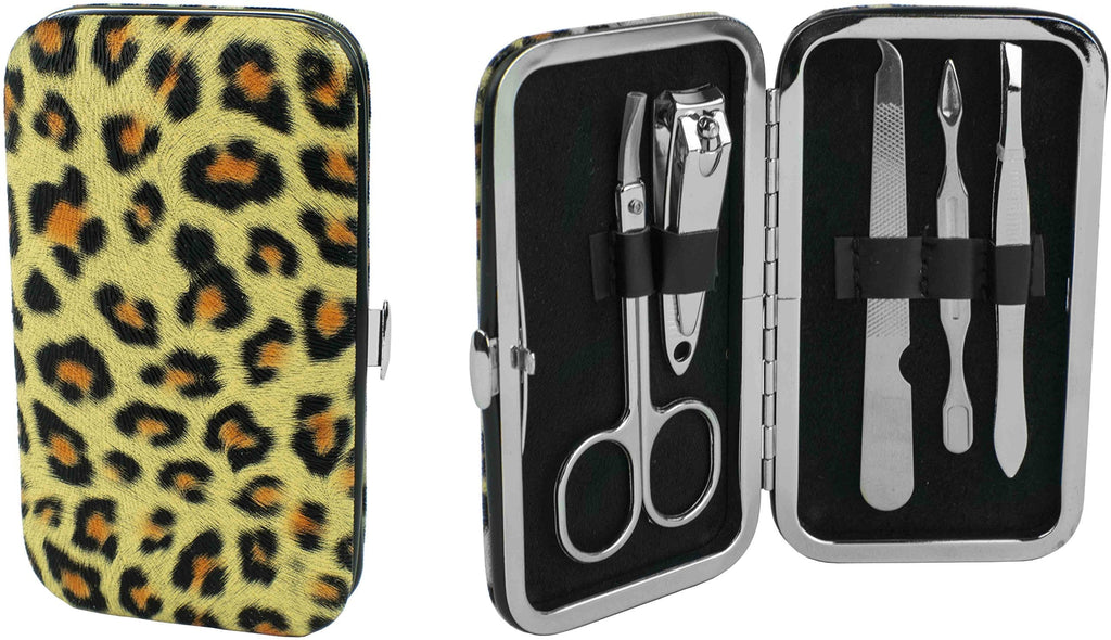 5-Piece Manicure Grooming Kit Set in Leopard Print Travel Case (Clipper, Scissor, Double-Sided Push Stick, Nail File, Tweezers) - BeesActive Australia