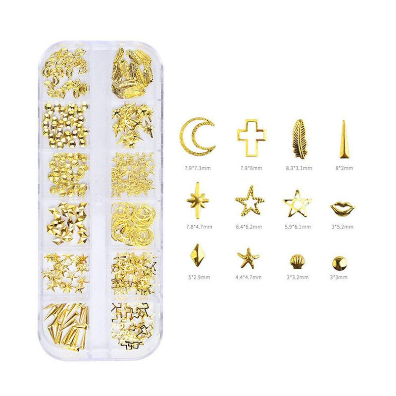 Lookathot 12 Styles 3D Mixed Design Nail Art Stickers Decals Metallic Ring Chain Moon Stars Studs Rhinestones Accessories Manicure DIY Decoration Tools (#3 Moon Star Cross Shell Leaves（Gold）) #3 Moon Star Cross Shell Leaves（gold） - BeesActive Australia