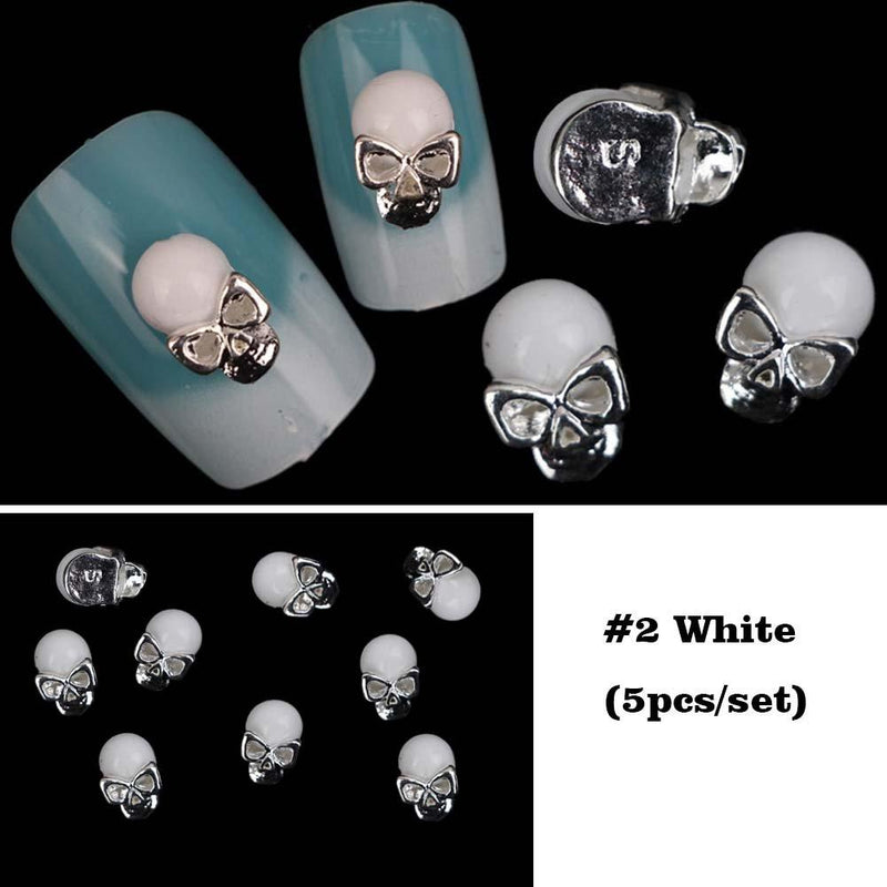 Lookathot 5PCS 3D Nail Art Decals Black White Metallic Skull Studs Rhinestones Diamonds Pearls Drills Alloy Manicure DIY Decoration Tools Halloween (#2 White Skull(5pcs)) #2 White Skull(5pcs) - BeesActive Australia